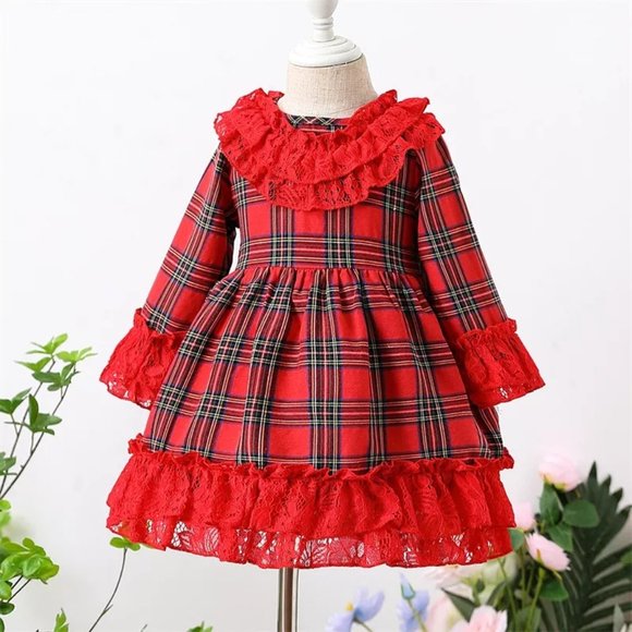 Other - Christmas Girls Red Plaid Long Sleeve Ruffle Dress